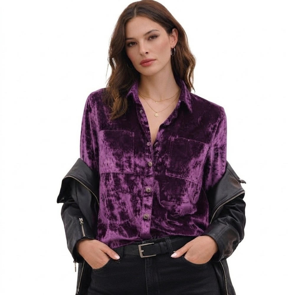 Pilcro By Anthropologie Mara Velvet Relaxed Shirt Women Size Large Purple EUC
